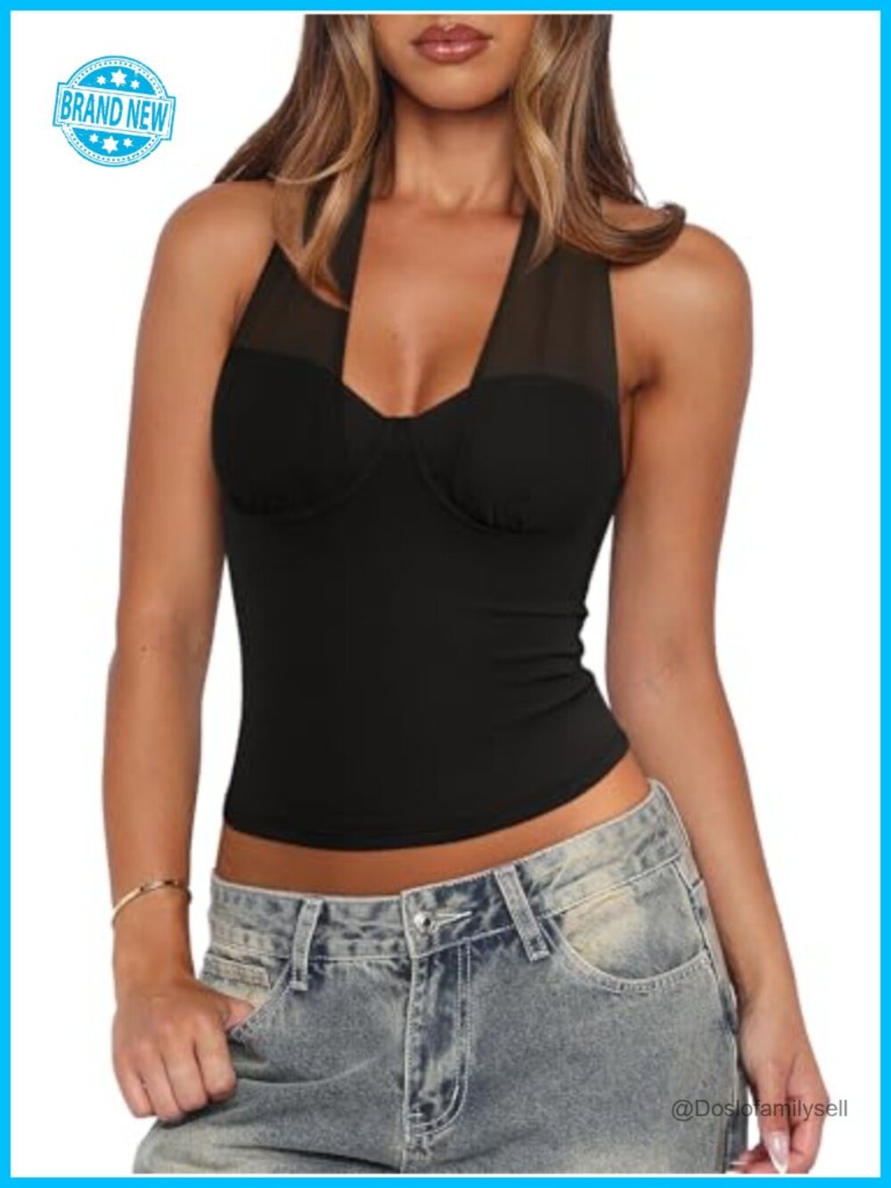 REORIA Women's Mesh Halter Double Lined Deep V Neck Backless Cami Party Top